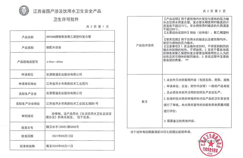 Approval document of hygiene license for domestic drinking water safety products in Jiangxi Province